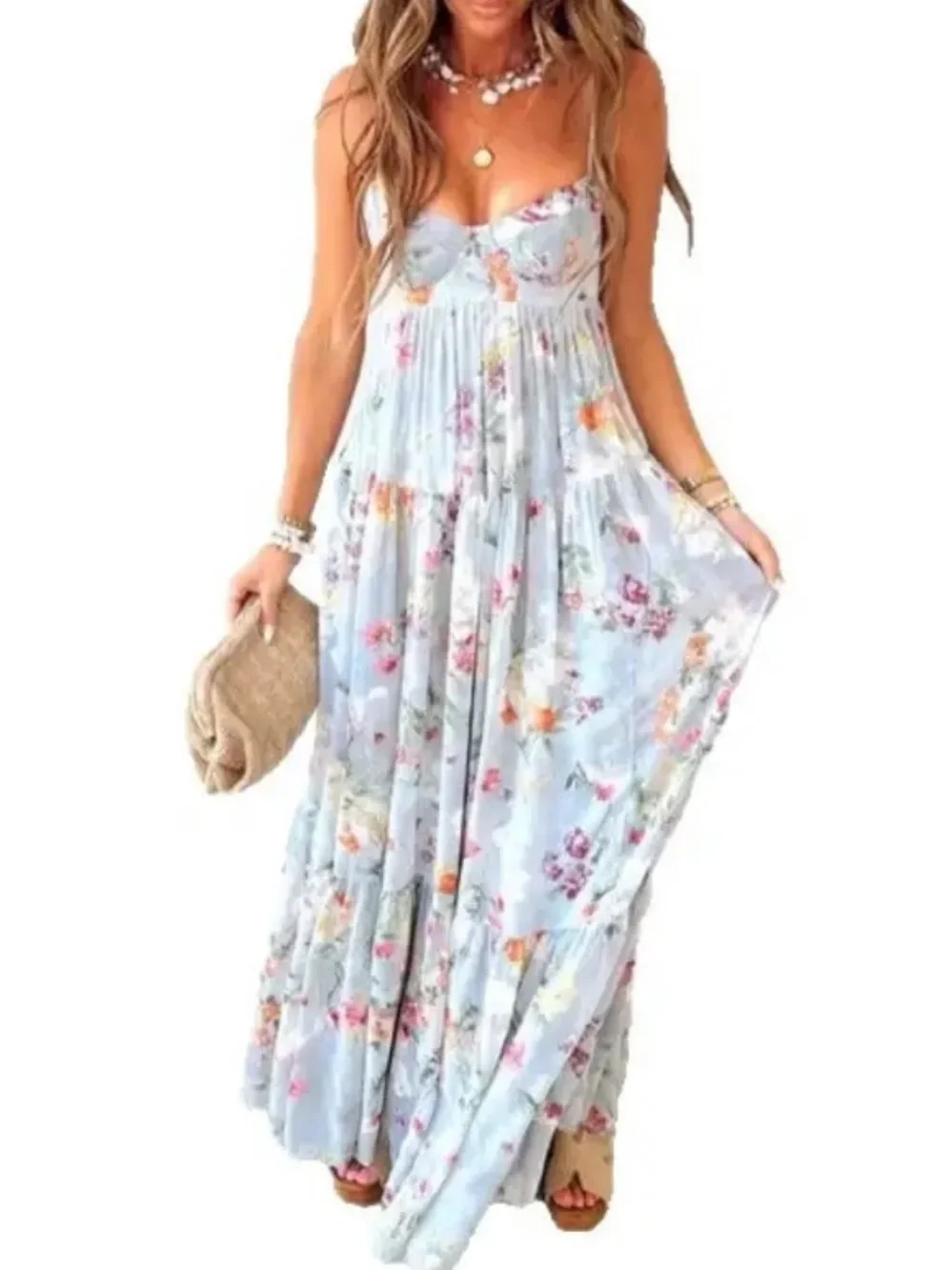 🆕👗 Light Blue Floral open Back Maxi Dress with Spaghetti Straps NWT